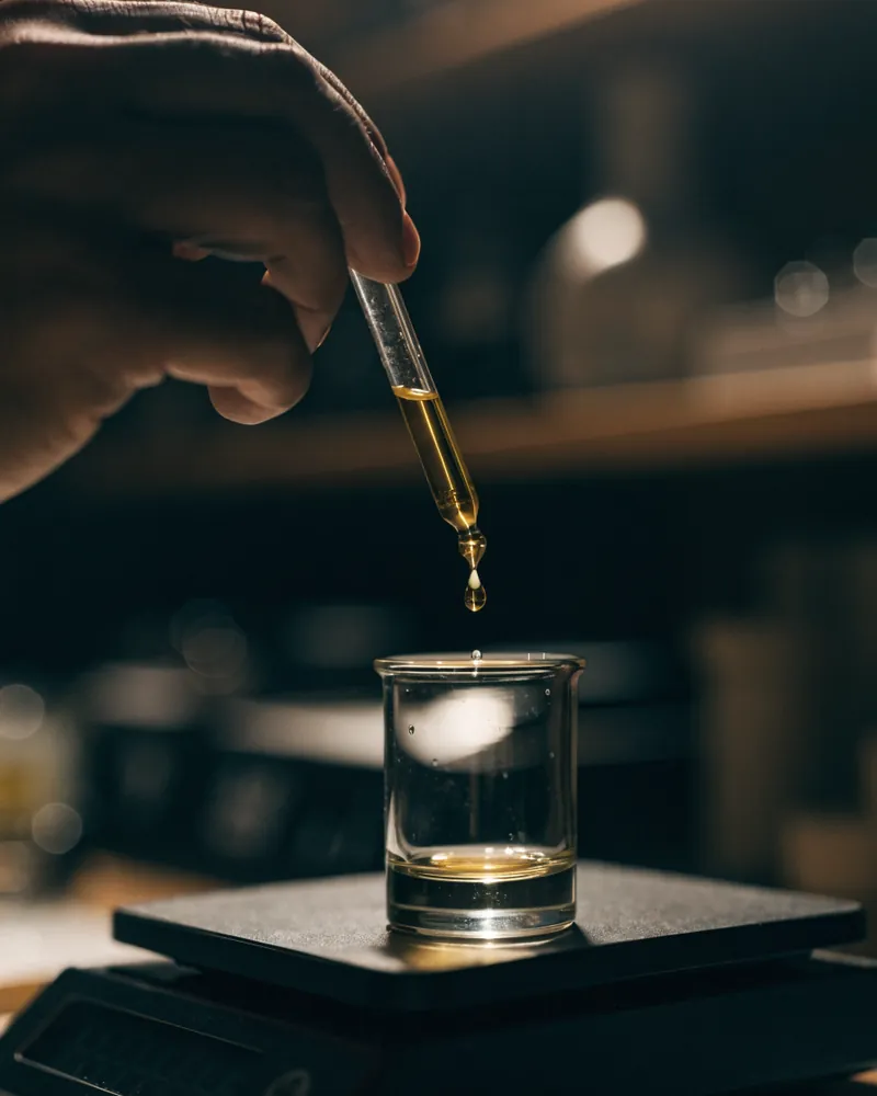 Eine Hand lässt mit der Pipette einen goldenen Tropfen in ein Becherglas fallen